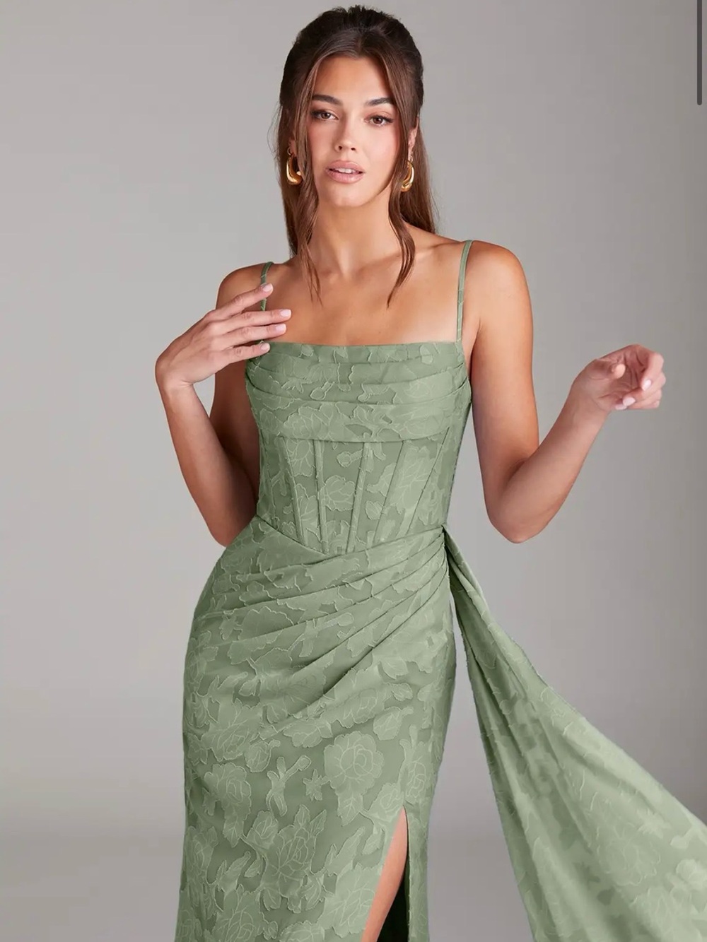 Azazie Denisa AGAVE Sheath Pleated Floral Burnout Dress